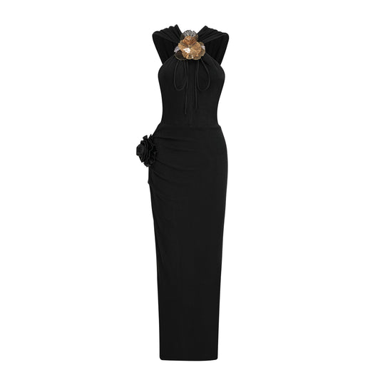 Axelle black floral-appliqué hooded maxi dress