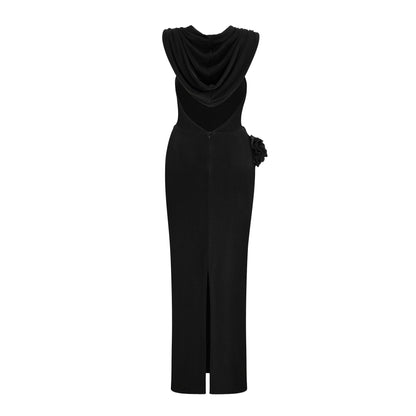 Axelle black floral-appliqué hooded maxi dress