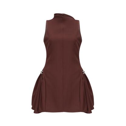 Dora brown asymmetric-neck puff mini dress