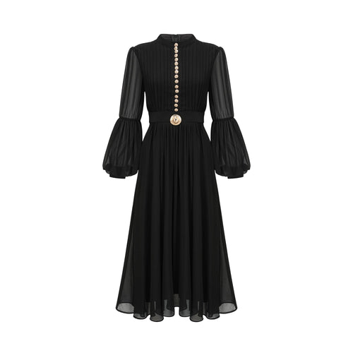 Viviane black pleated button-front midi dress