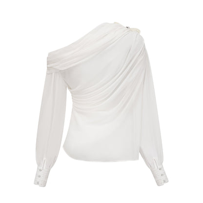 Andrea asymmetric tulle blouse & skirt matching set in White
