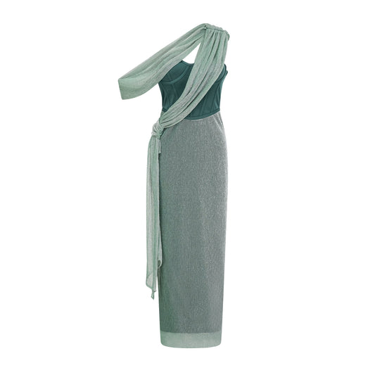 Delphine green ribbon-design corset maxi dress