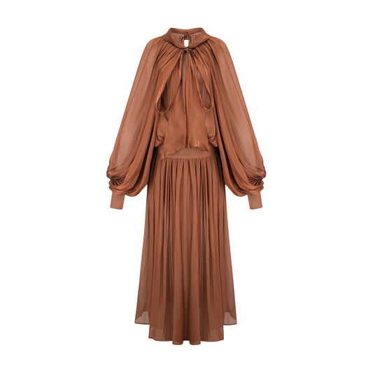 Mila pleated satin maxi dress in Brown