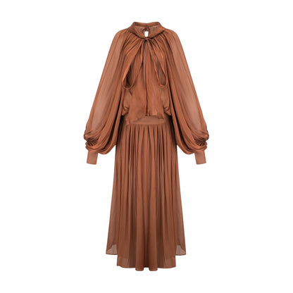 Mila pleated satin maxi dress in Brown