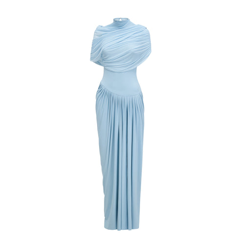 Catherine asymmetric pleated maxi dress in Baby-blue