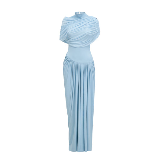 Catherine asymmetric pleated maxi dress in Baby-blue