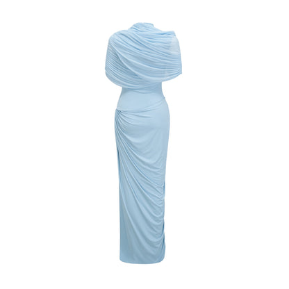 Catherine asymmetric pleated maxi dress in Baby-blue