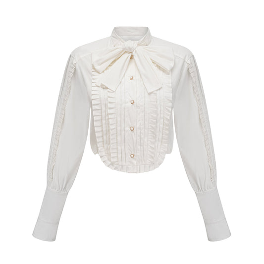 Céleste white pleated scarf-collar shirt