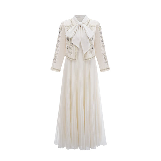 Blanche white embellished pleated jacket & dress matching set