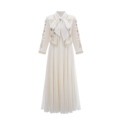 Blanche white embellished pleated jacket & dress matching set