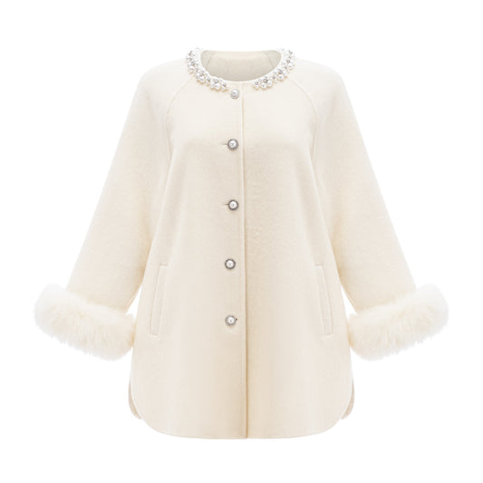 Frédérique white wool fur embellished coat