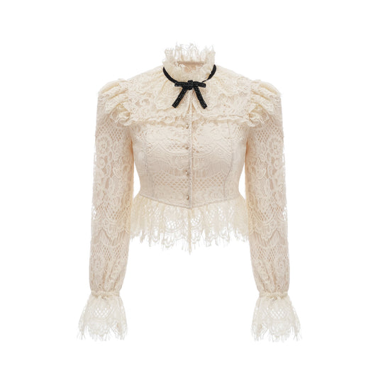 Anaelle off-white bowknot floral-lace blouse
