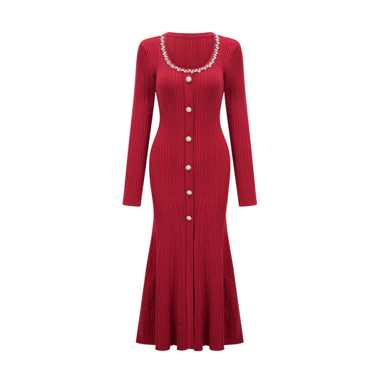 Anaxarete red embellished knitted midi dress