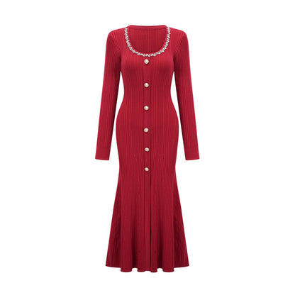 Anaxarete red embellished knitted midi dress