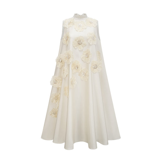 Émilie sleeveless floral-applique midi dress in White
