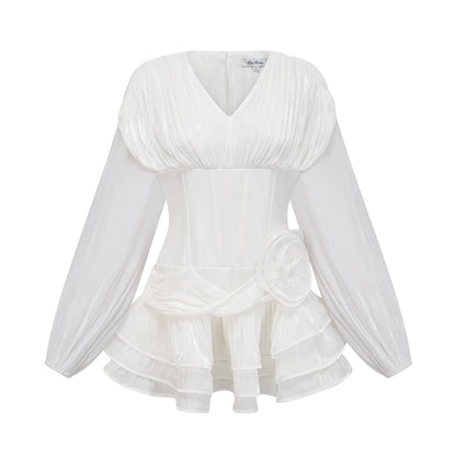 Rosie white fully-pleated cinched mini dress
