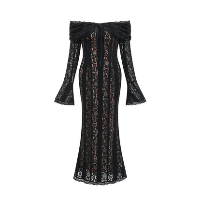 Émeline floral lace flared-cuff midi dress in Black