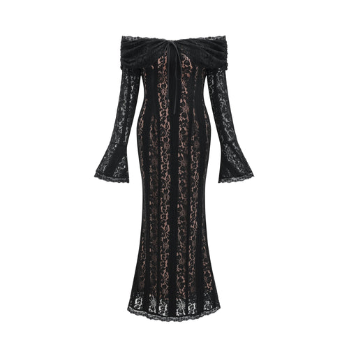 Émeline floral lace flared-cuff midi dress in Black