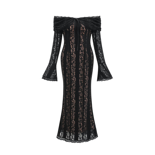 Émeline floral lace flared-cuff midi dress in Black