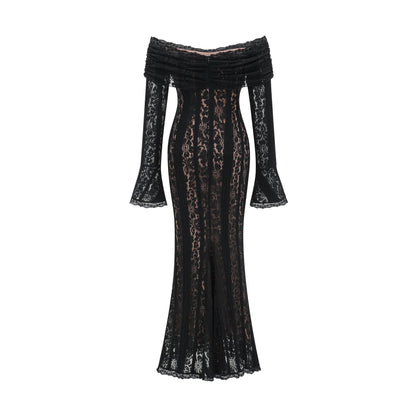 Émeline floral lace flared-cuff midi dress in Black