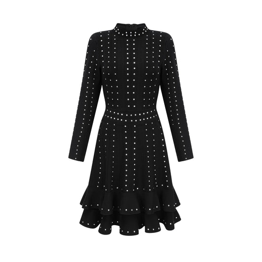 Fabienne black embellished ruffled knitted mini dress (US Only)