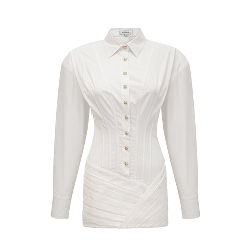 Orlane white cinched-waist pleated mini shirt dress