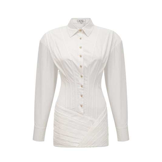 Orlane white cinched-waist pleated mini shirt dress