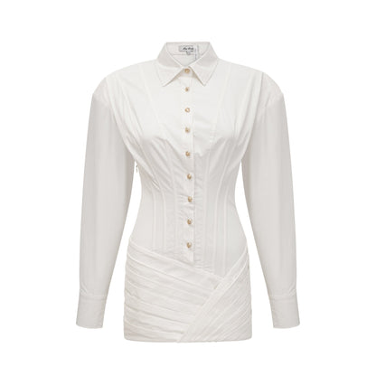 Orlane white cinched-waist pleated mini shirt dress