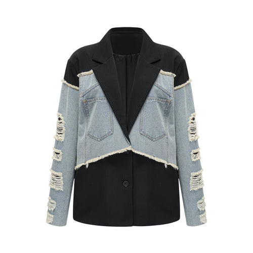 Halley black denim-panel ripped blazer