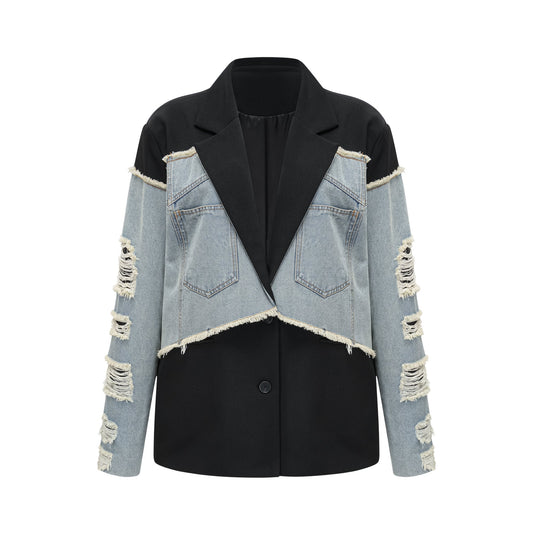 Halley black denim-panel ripped blazer