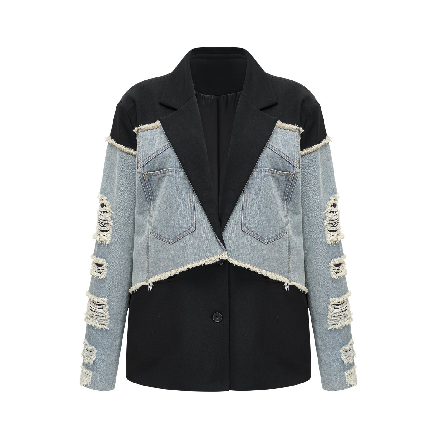 Halley black denim-panel ripped blazer