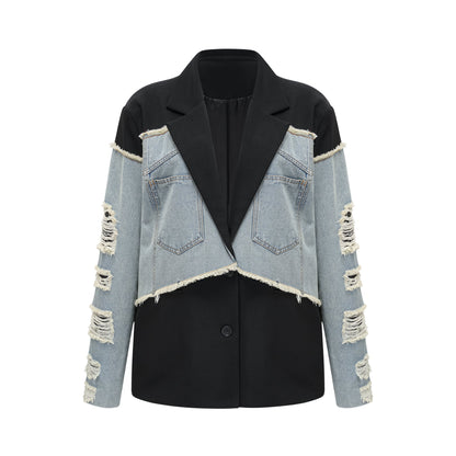 Halley black denim-panel ripped blazer
