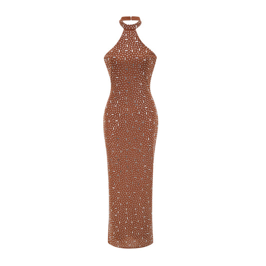 Désirée brown embellished halter neck bodycon maxi dress (US Only)
