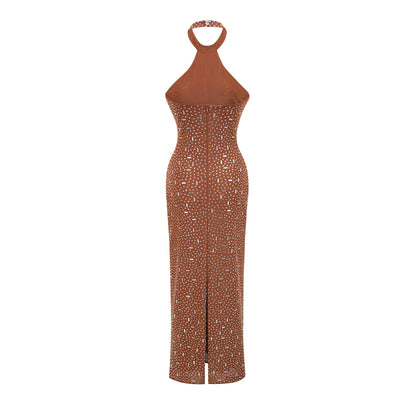 Désirée brown embellished halter neck bodycon maxi dress (US Only)