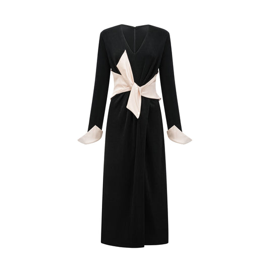 Karine contrast-color bowknot v-neck maxi dress