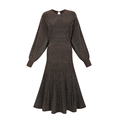 Cordélia brown metallic-threading ribbed midi dress