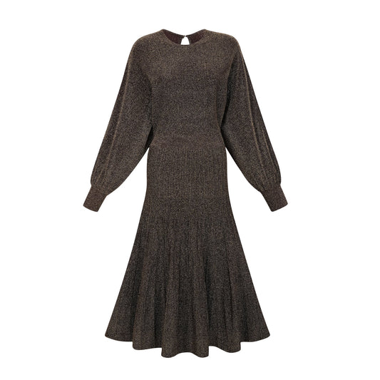 Cordélia brown metallic-threading ribbed midi dress