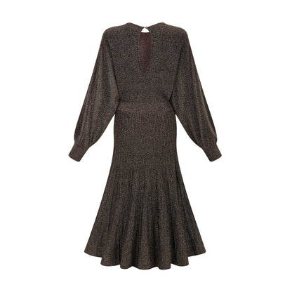 Cordélia brown metallic-threading ribbed midi dress