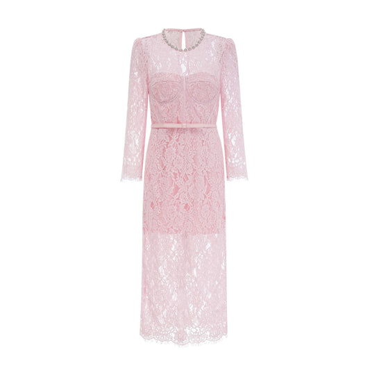 Elisabetta pink embellished floral-embroidered lace midi dress