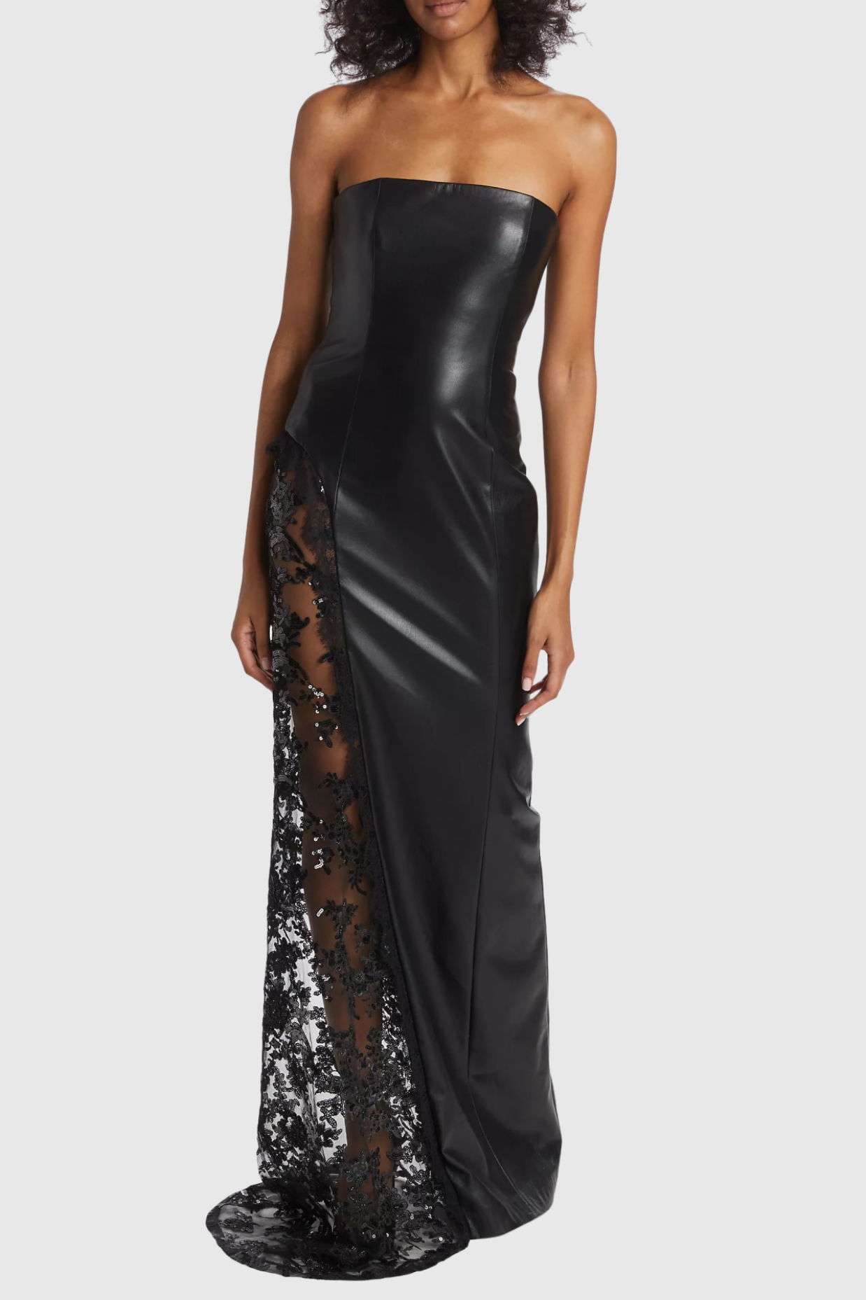 Damien Faux Leather Strapless Lace Maxi Dress