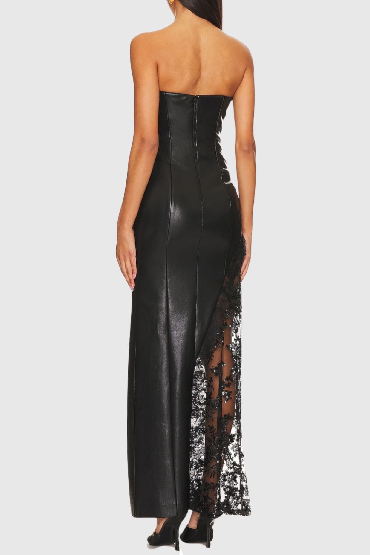 Damien Faux Leather Strapless Lace Maxi Dress