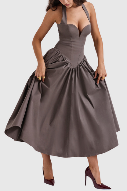 Ebrill Halter V-neck Ruched Midi Dress - Grey