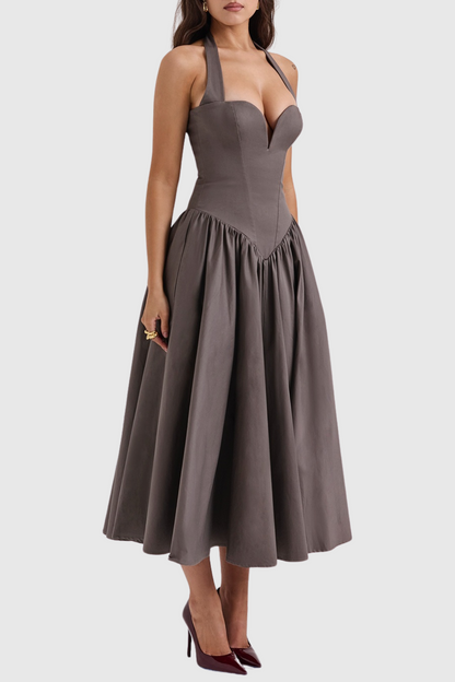 Ebrill Halter V-neck Ruched Midi Dress - Grey