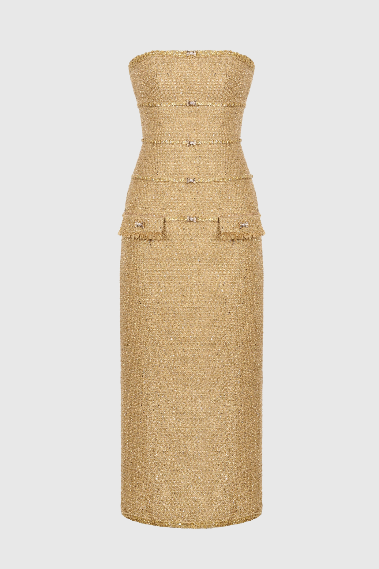 Elborno Gold Embellished Strapless Midi Dress
