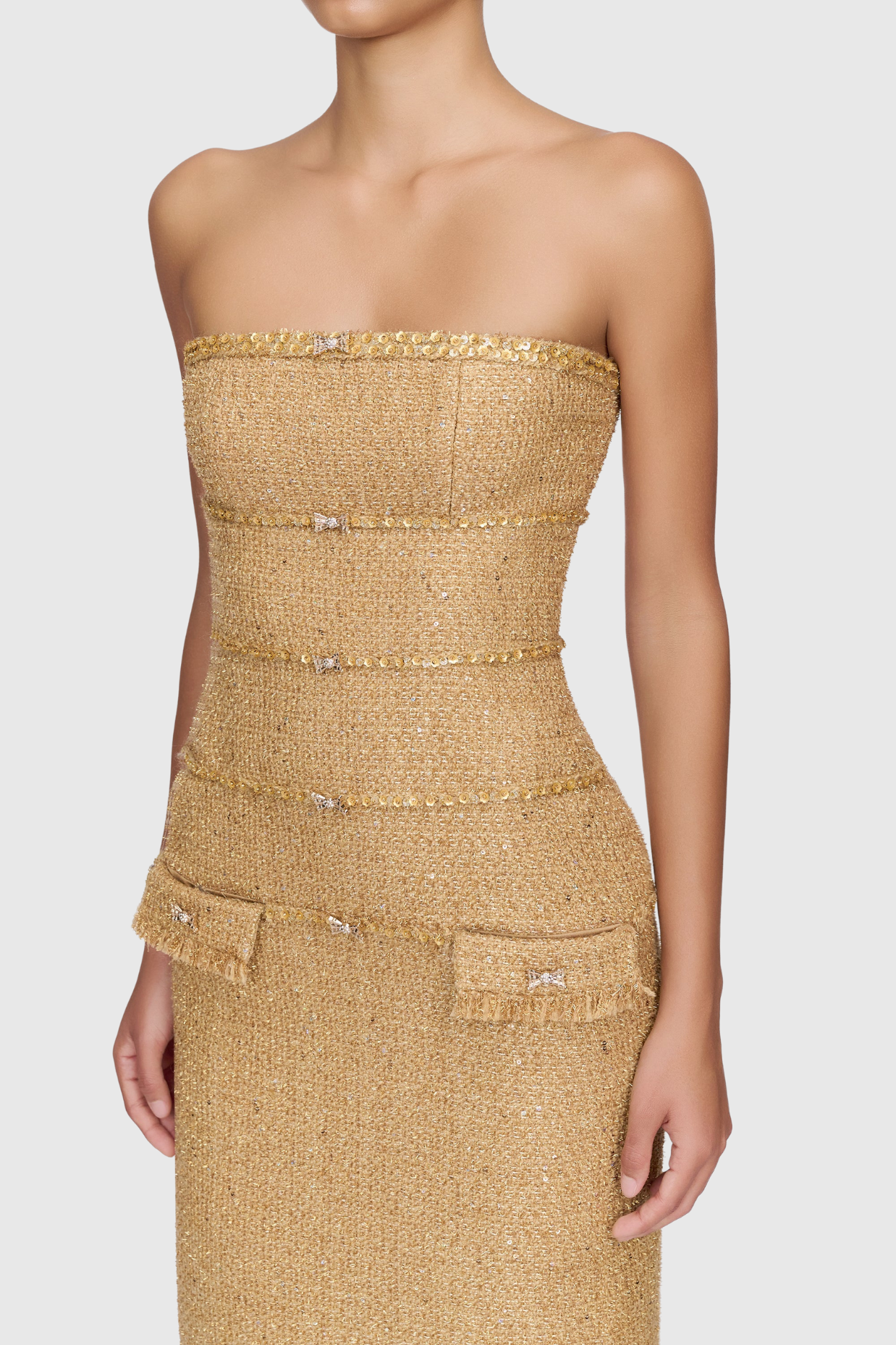 Elborno Gold Embellished Strapless Midi Dress