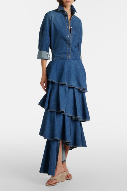 Eryx Spiral Tiered Denim Midi skirt