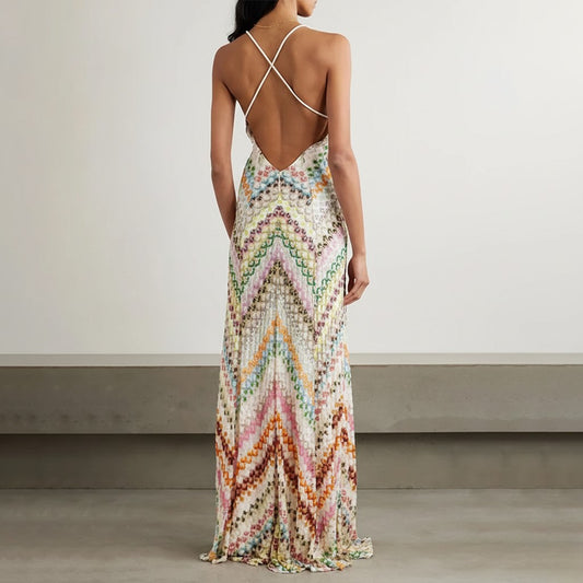Solange Sunset Striped Backless Maxi Dress