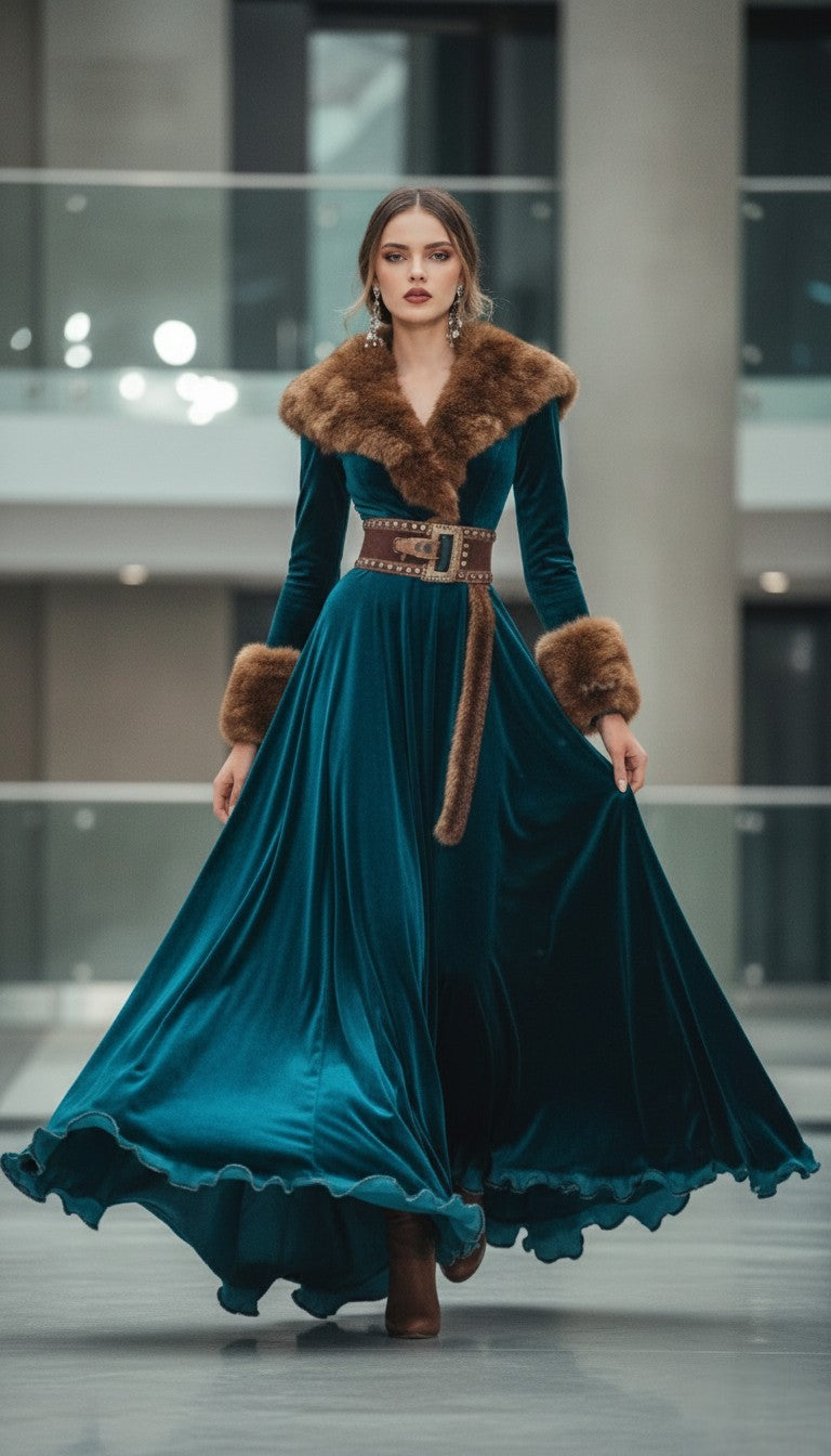 Celeste Fur-Collar Velvet Maxi Coat Dress – Deep Blue