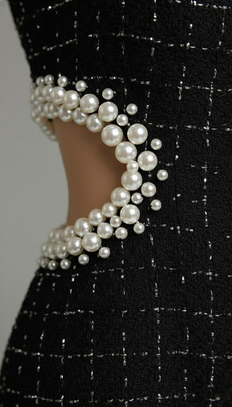 Pearl-Embellished Textured Mini Camisole Dress