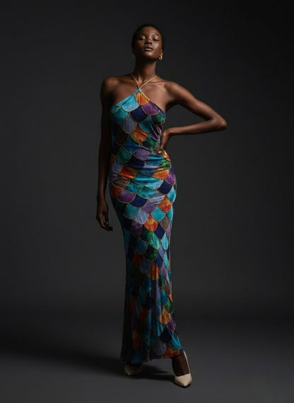 Celeste Shimmer Halter Backless Maxi Dress